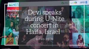 Devi speaks during U Nite concert in Haifa, Israel on 6 Feb 2020